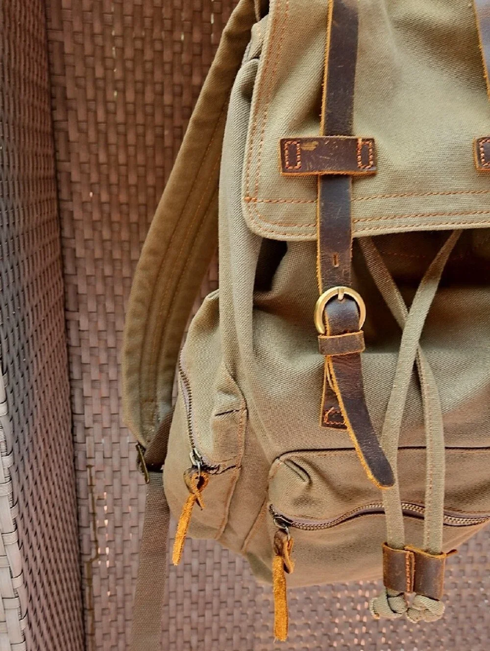 Khaki Canvas Backpack with Brown Leather Trim